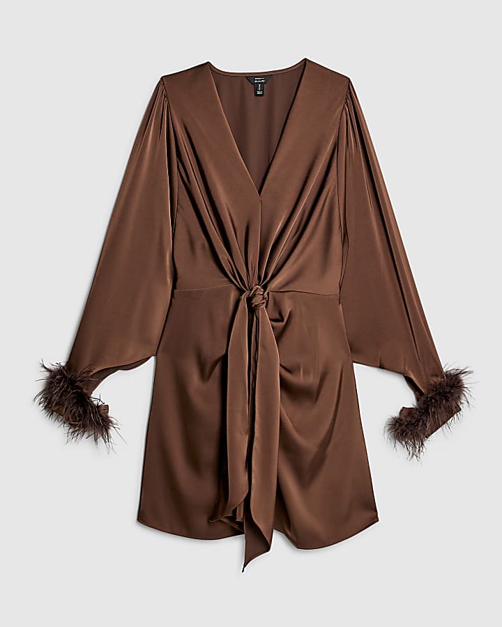 Brown Satin Knot Front Feather Mini Dress
