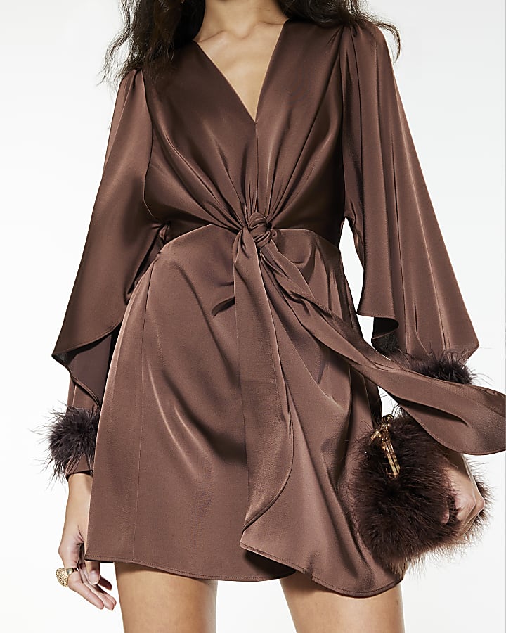 Brown Satin Knot Front Feather Mini Dress