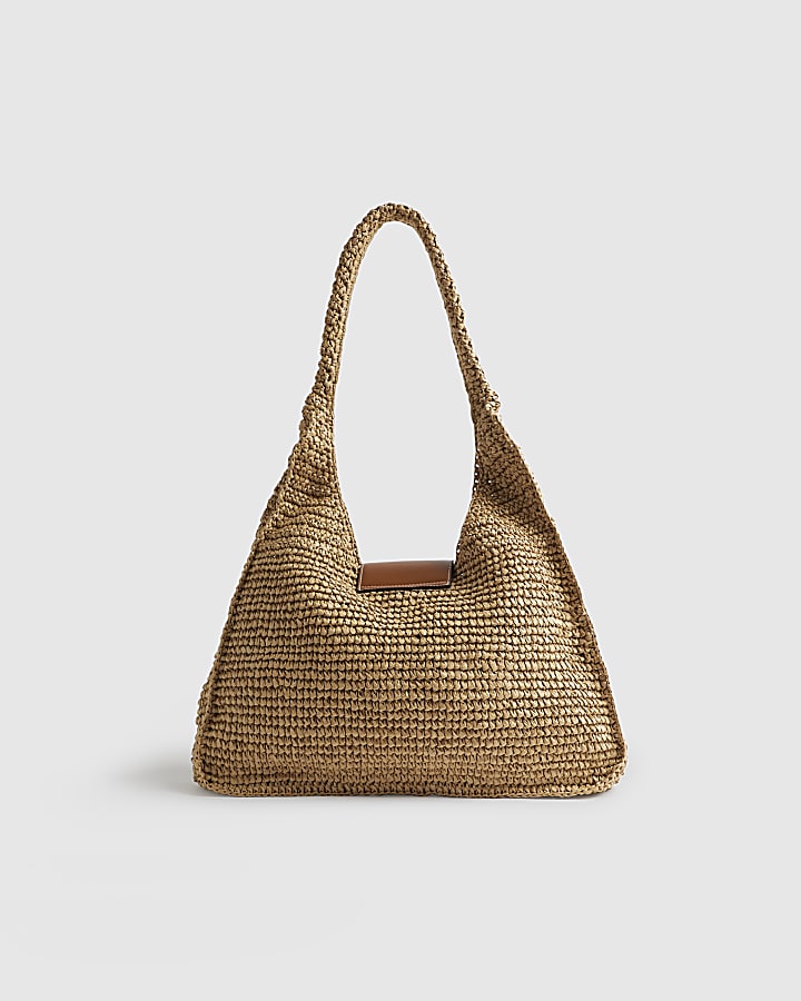Beige Raffia Flap Front Shoulder Bag