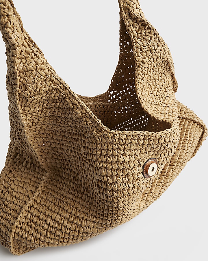 Beige Raffia Flap Front Shoulder Bag
