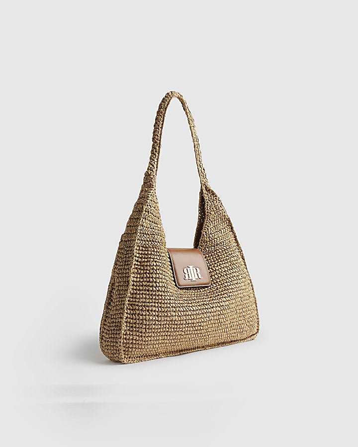 Beige Raffia Flap Front Shoulder Bag