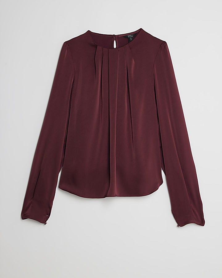 Red Satin Pleat Front Blouse