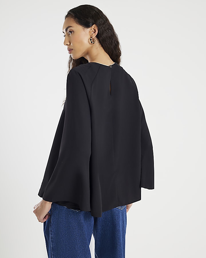Black Long Flute Sleeve Blouse