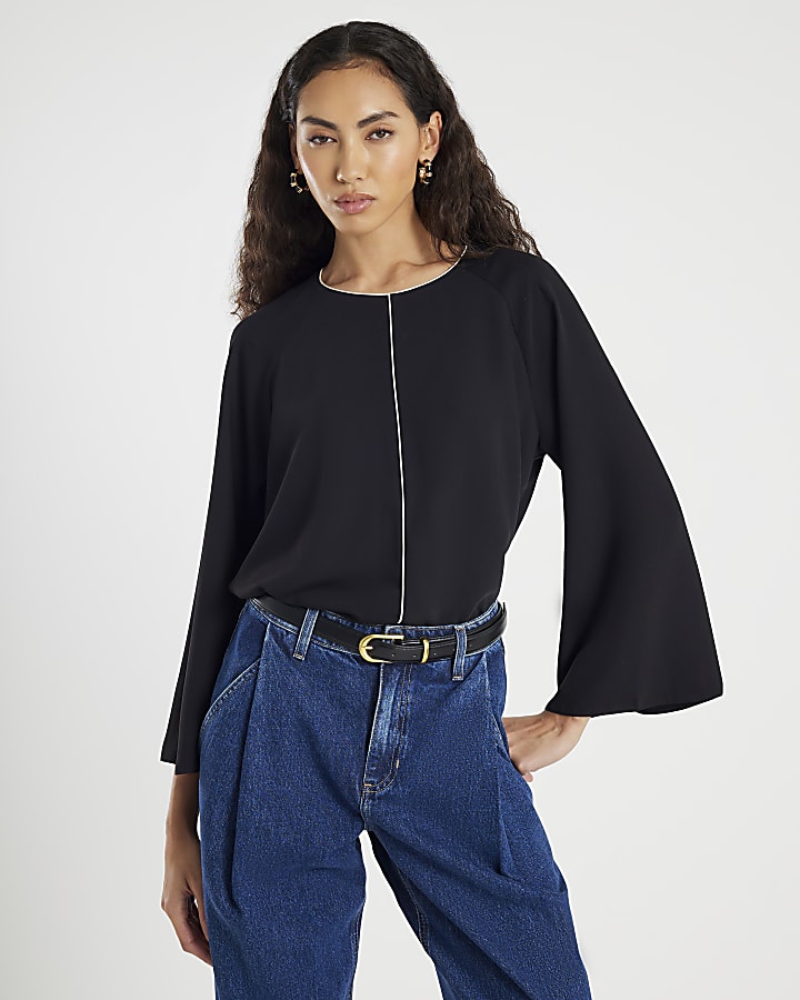 Black Long Flute Sleeve Blouse