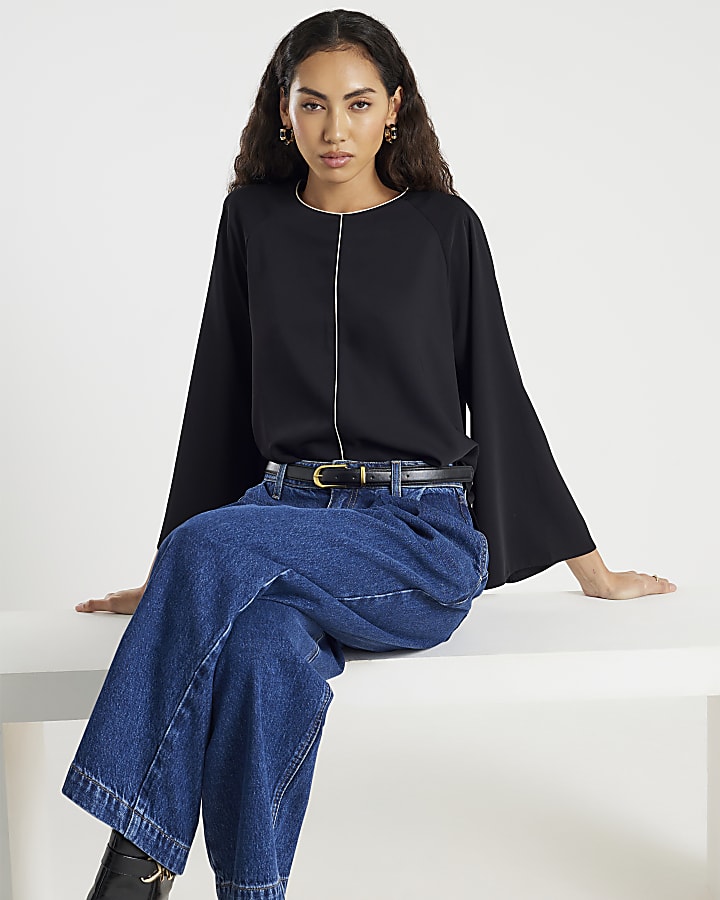 Black Long Flute Sleeve Blouse