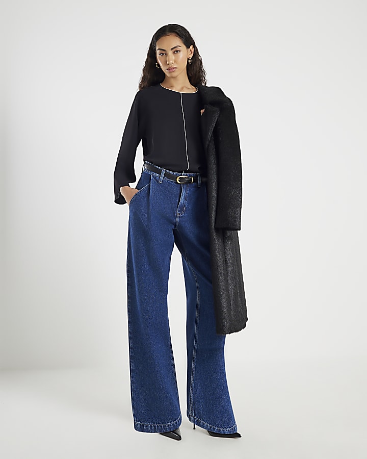 Black Long Flute Sleeve Blouse