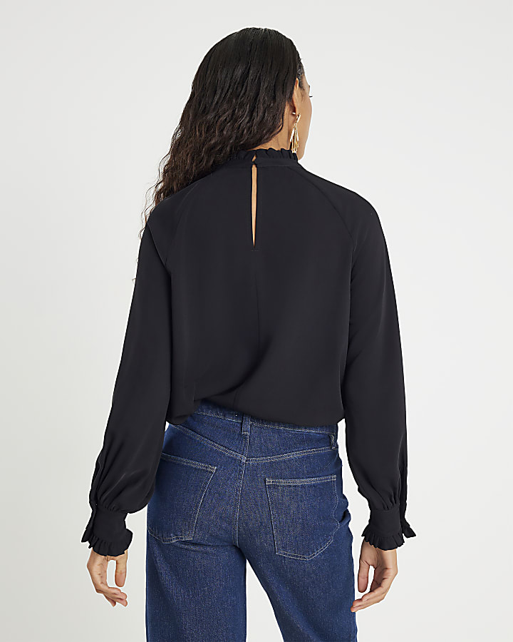 Black Long Sleeve Keyhole Blouse
