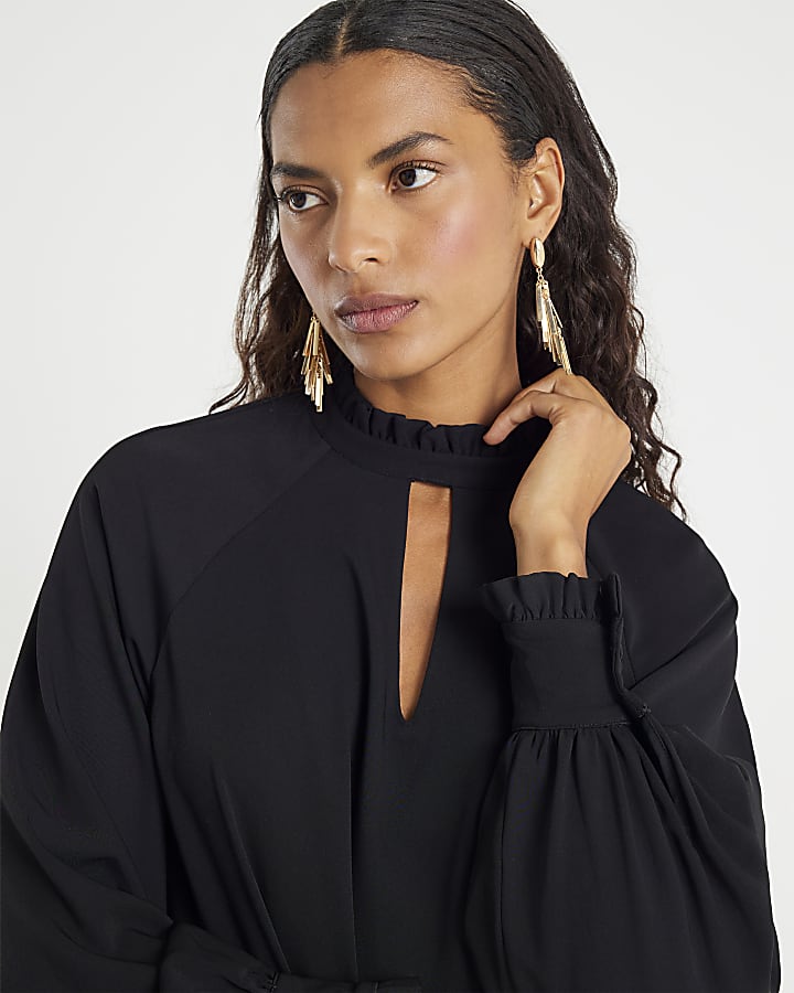 Black Long Sleeve Keyhole Blouse