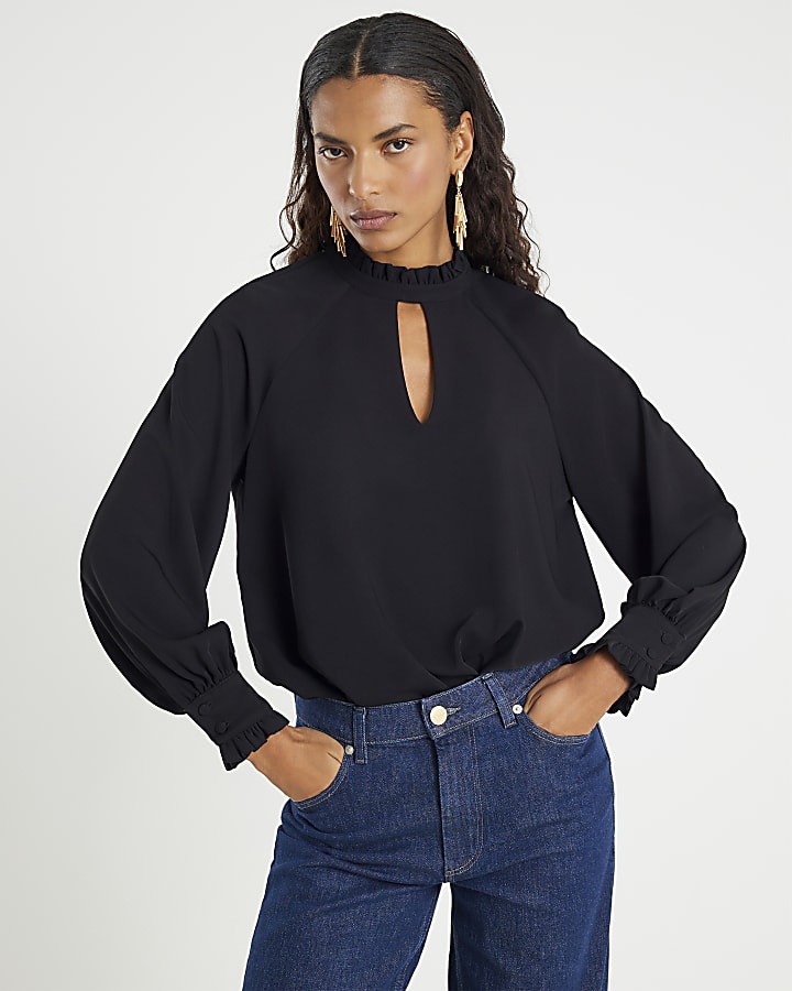 Black Long Sleeve Keyhole Blouse