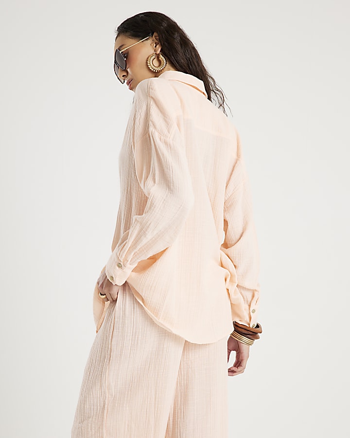 Pink Crinkle Long Sleeve Beach Shirt