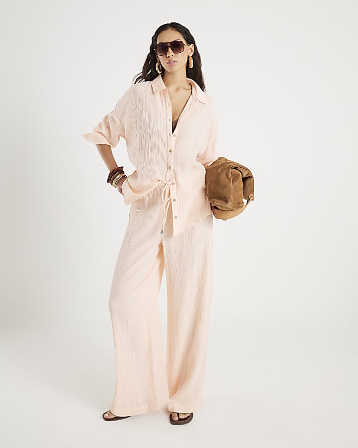 Pink Crinkle Long Sleeve Beach Shirt