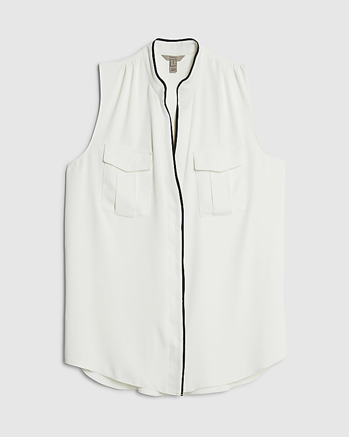 Cream Sleeveless Contrast Piping Shirt