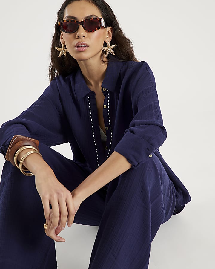 Navy Long Sleeve Beach Shirt