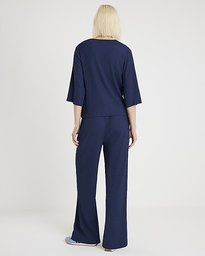 Navy Textured Pull On Wide Leg Trousers