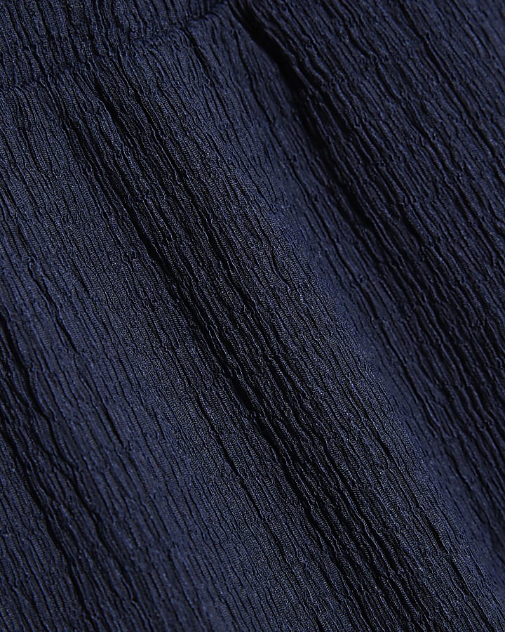 Navy Textured Pull On Wide Leg Trousers