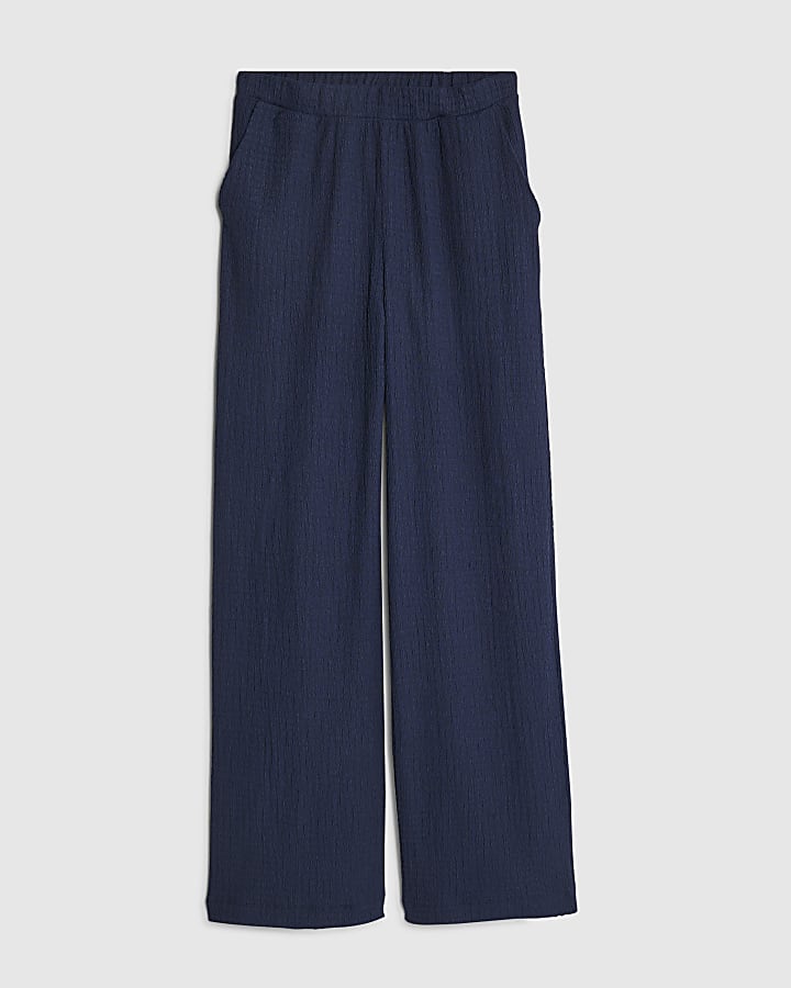 Navy Textured Pull On Wide Leg Trousers