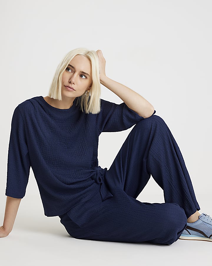 Navy Textured Pull On Wide Leg Trousers