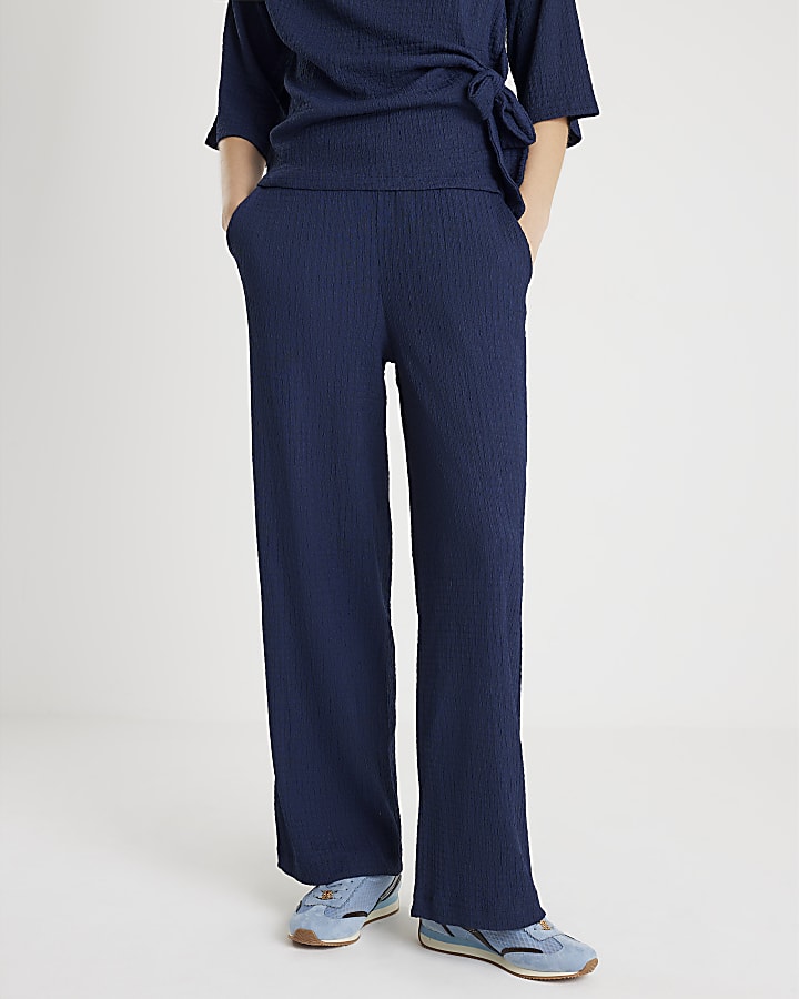 Navy Textured Pull On Wide Leg Trousers