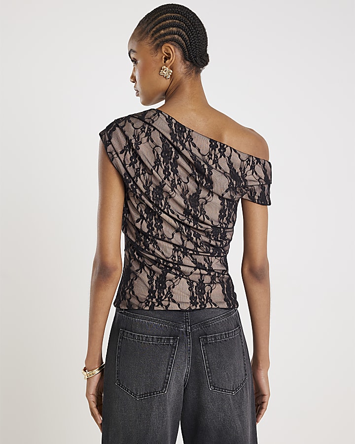 Black Lace Sleeveless Drape Top