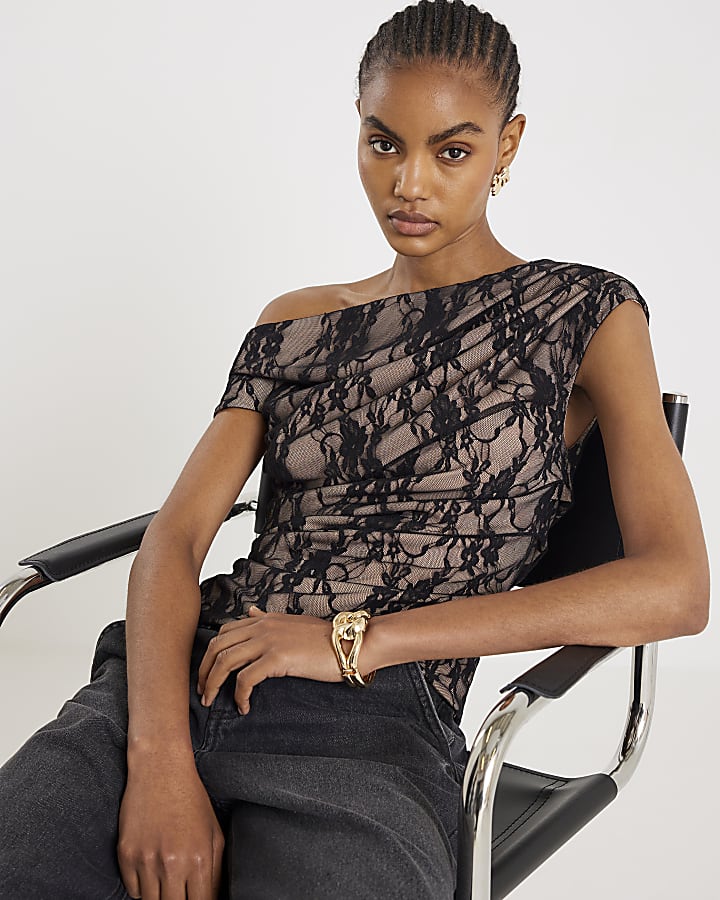 Black Lace Sleeveless Drape Top