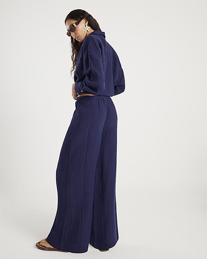 Navy Crinkle Wide Leg Trousers
