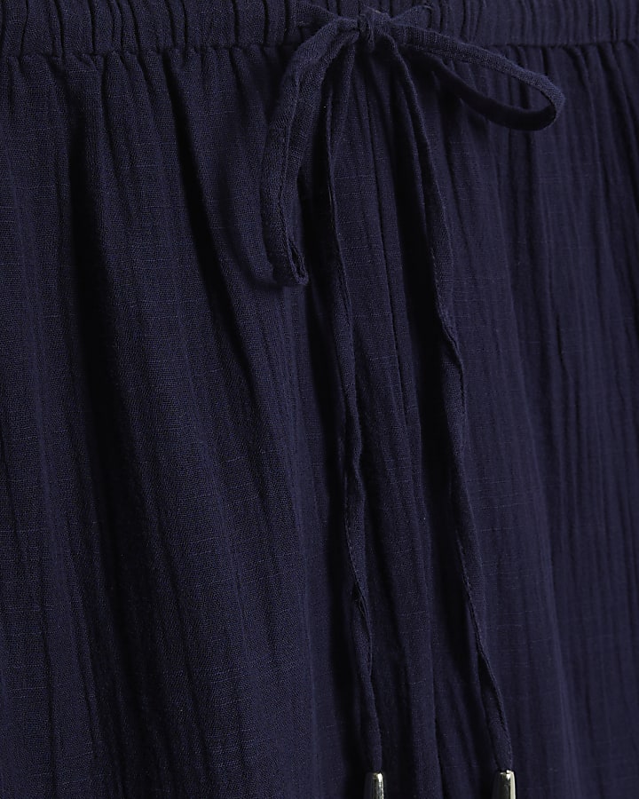 Navy Crinkle Wide Leg Trousers