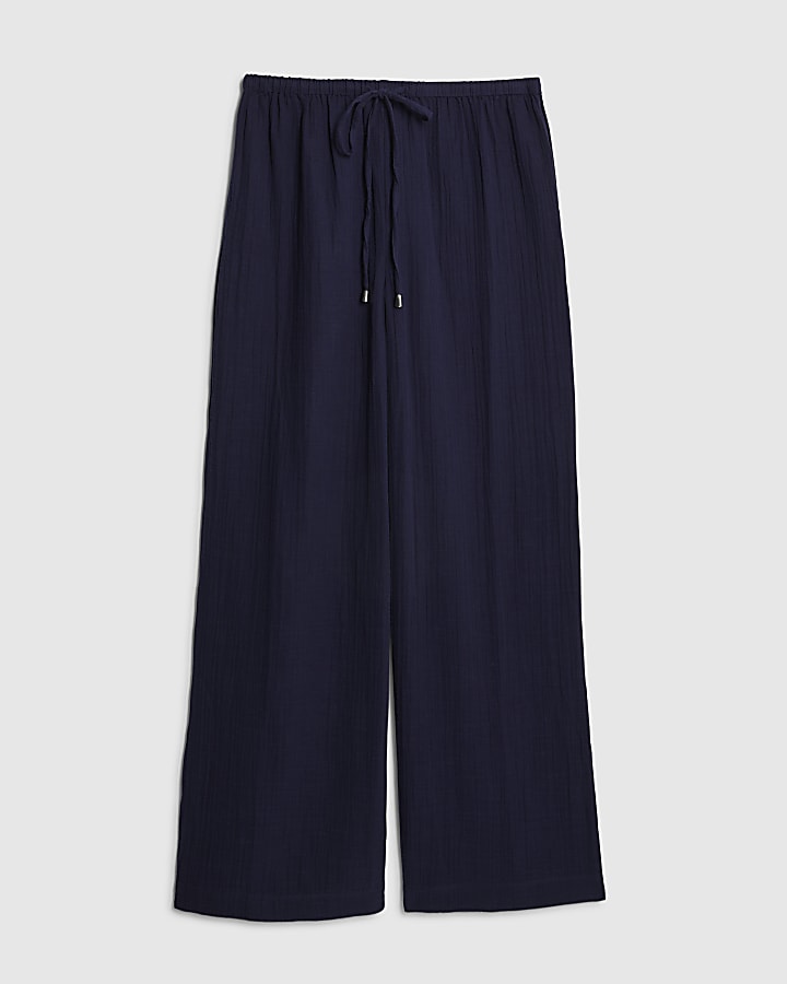 Navy Crinkle Wide Leg Trousers