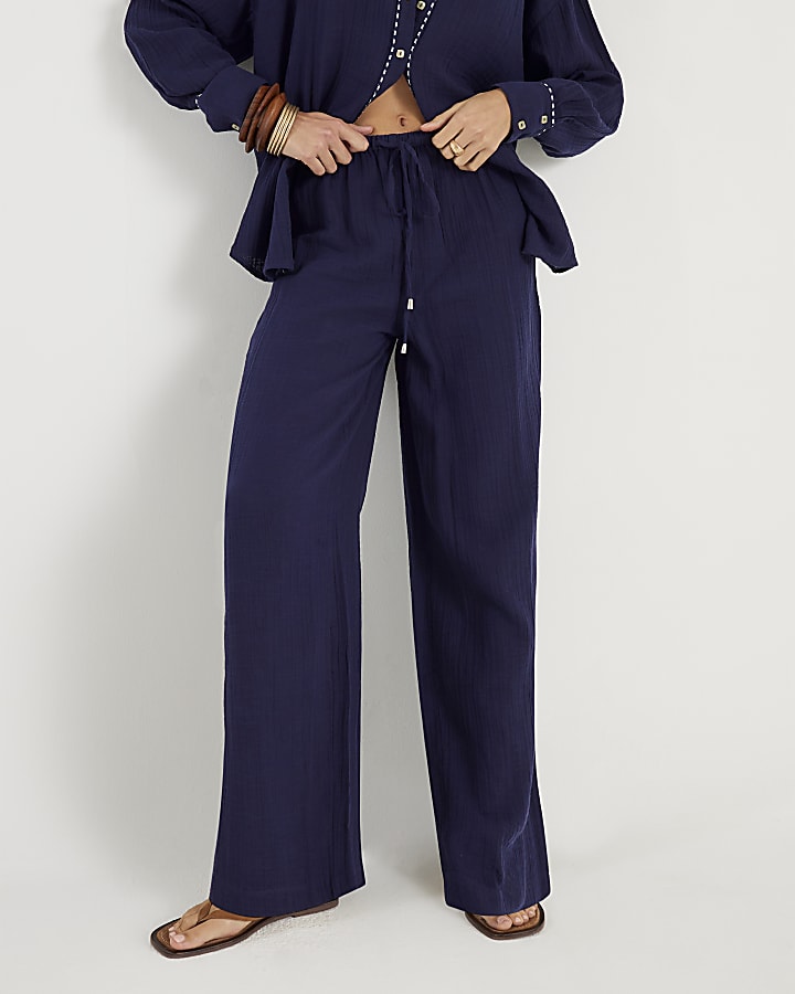 Navy Crinkle Wide Leg Trousers