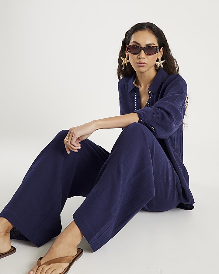 Navy Crinkle Wide Leg Trousers