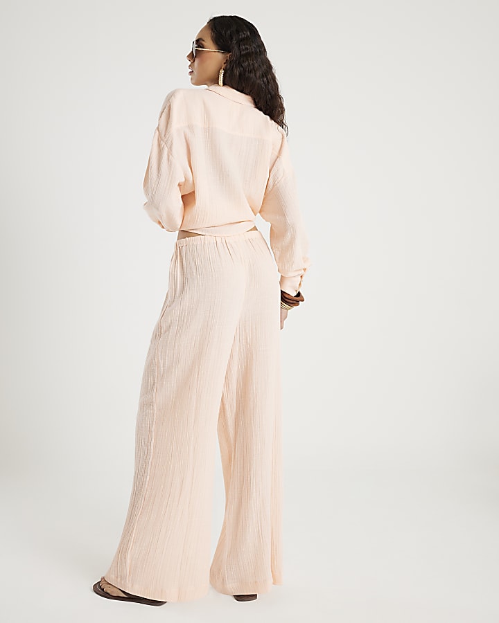 Pink Crinkle Wide Leg Trousers