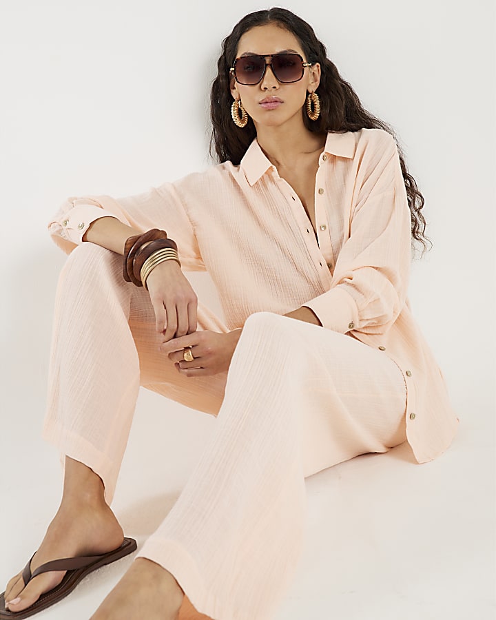 Pink Crinkle Wide Leg Trousers