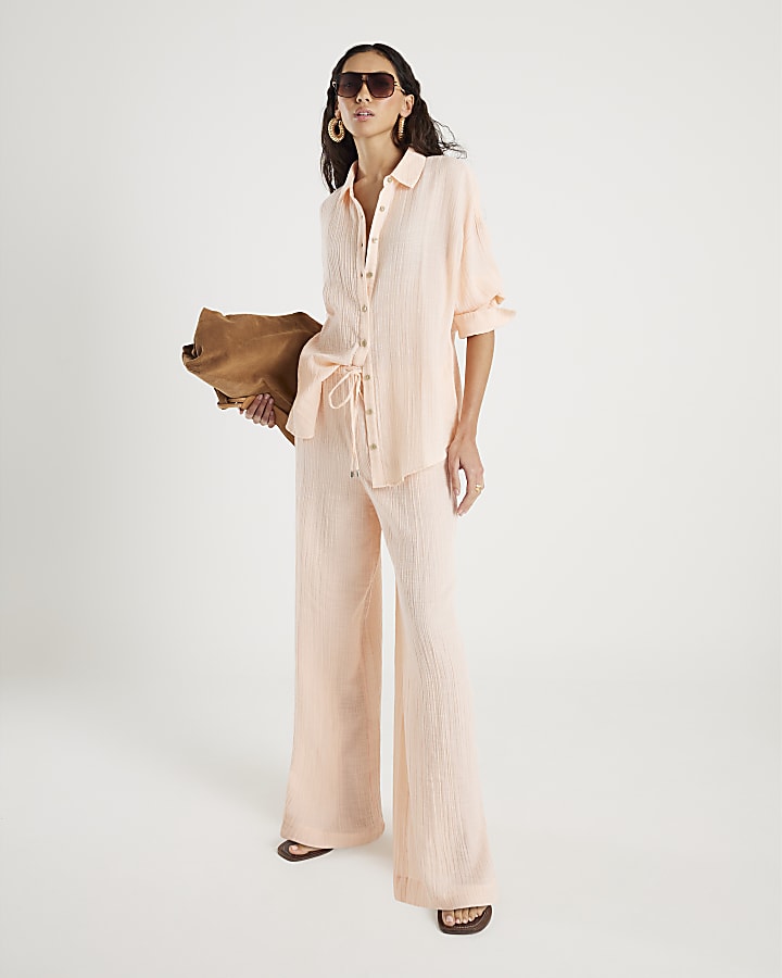 Pink Crinkle Wide Leg Trousers