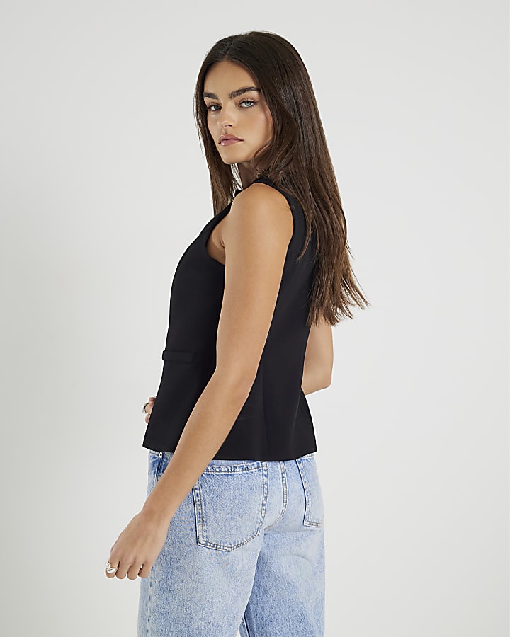 Black Sleeveless Frilled Trim Waistcoat