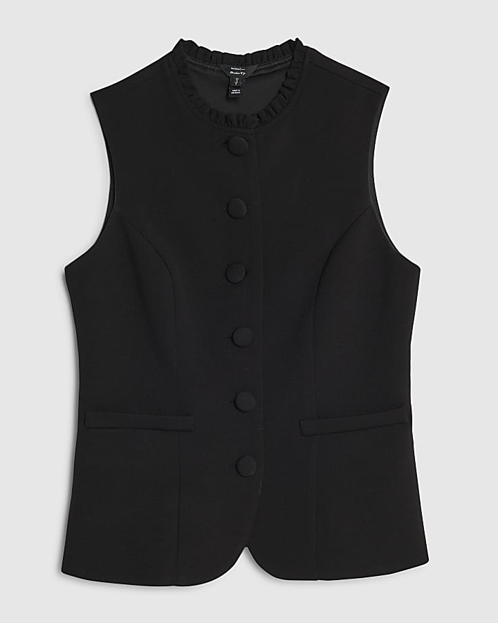 Black Sleeveless Frilled Trim Waistcoat