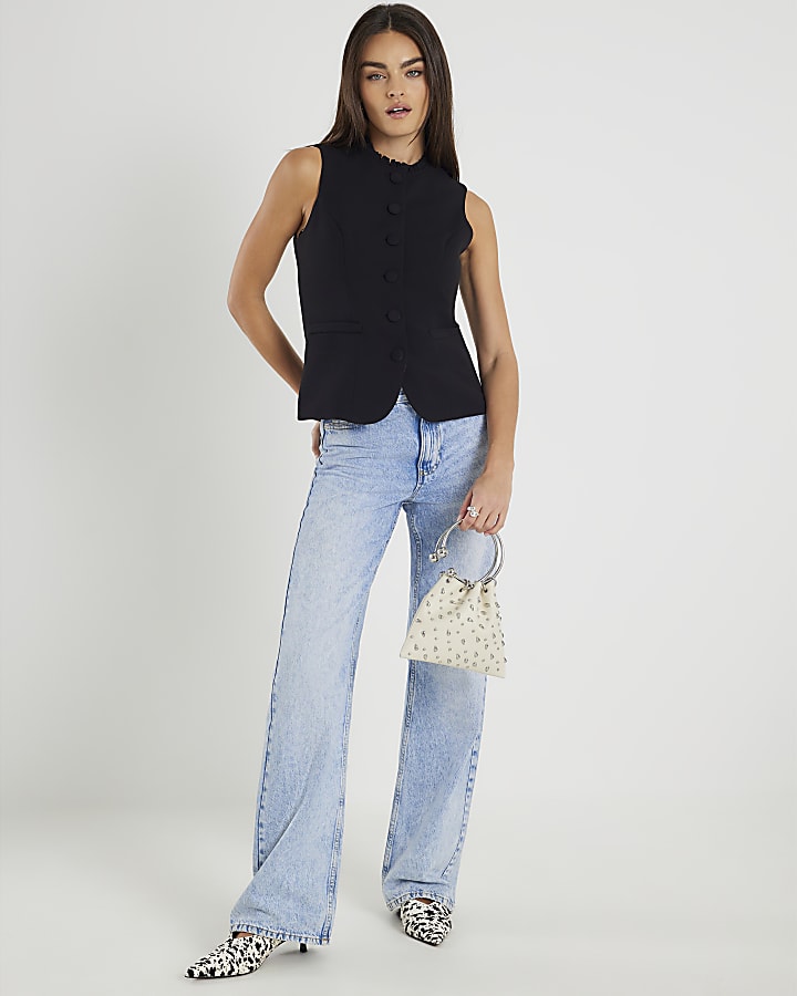 Black Sleeveless Frilled Trim Waistcoat
