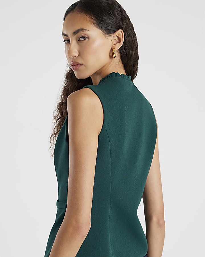 Green Sleeveless Frill Trim Waistcoat