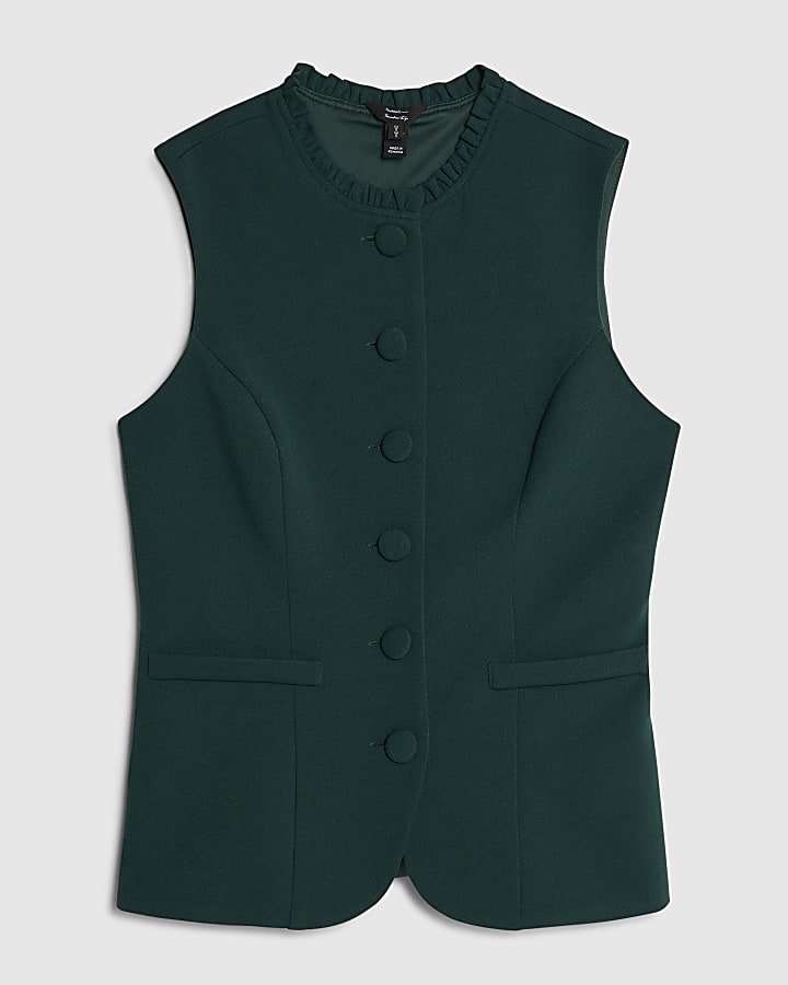Green Sleeveless Frill Trim Waistcoat