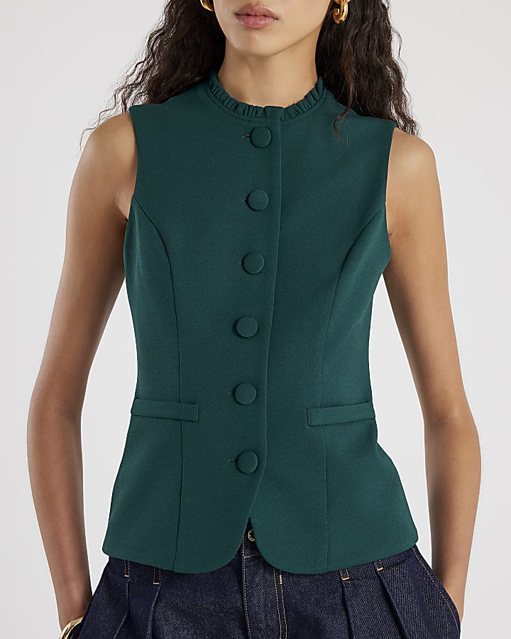 Green Sleeveless Frill Trim Waistcoat