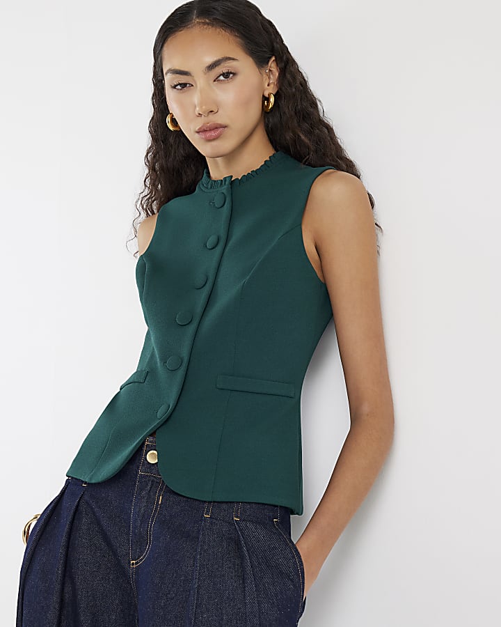 Green Sleeveless Frill Trim Waistcoat