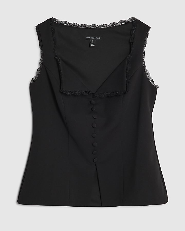 Black Sleeveless Lace Trim Waistcoat