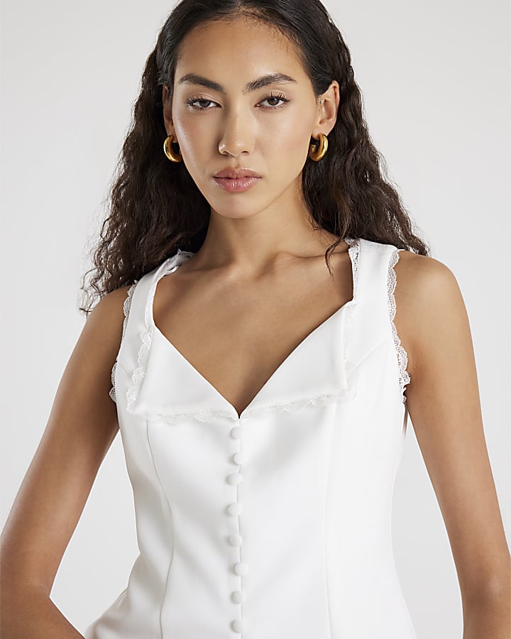 Cream Sleeveless Lace Trim Waistcoat