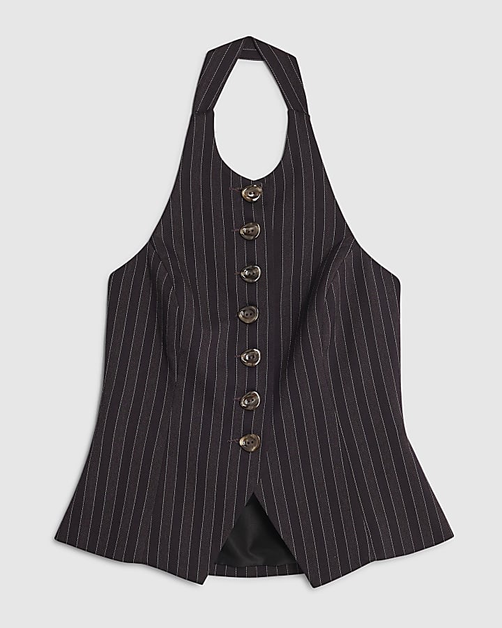 Purple Pinstripe Halter Neck Waistcoat Top