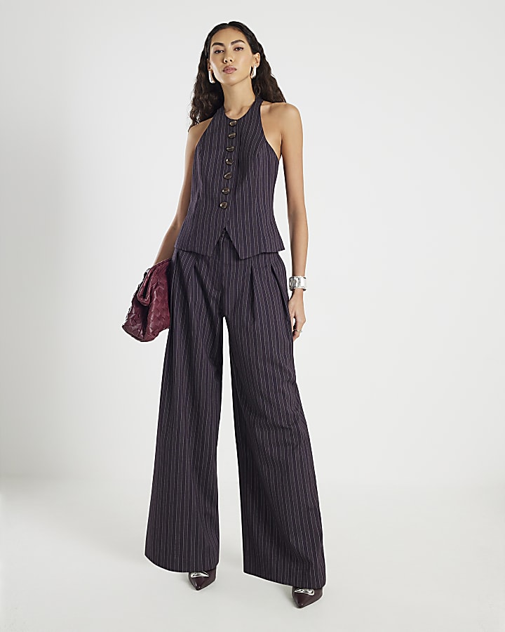 Purple Pinstripe Halter Neck Waistcoat Top