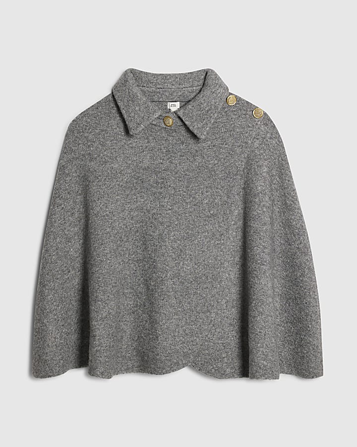 Grey Knitted Wrap Button Cape
