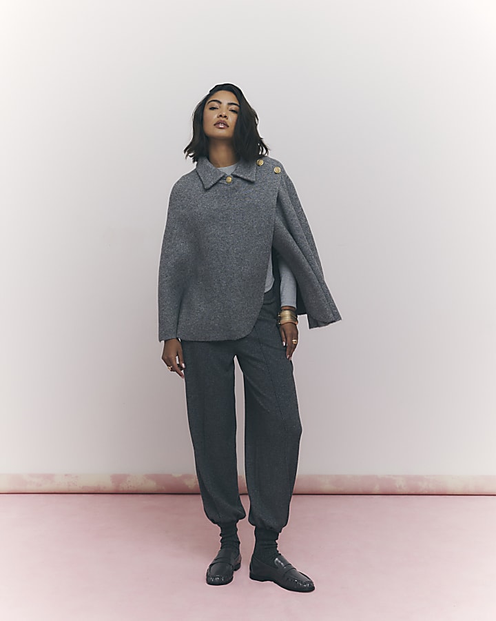 Grey Knitted Wrap Button Cape