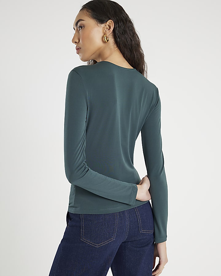 Green Long Sleeve Wrap Detail Top