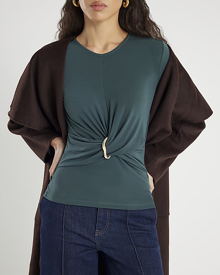 Green Long Sleeve Wrap Detail Top