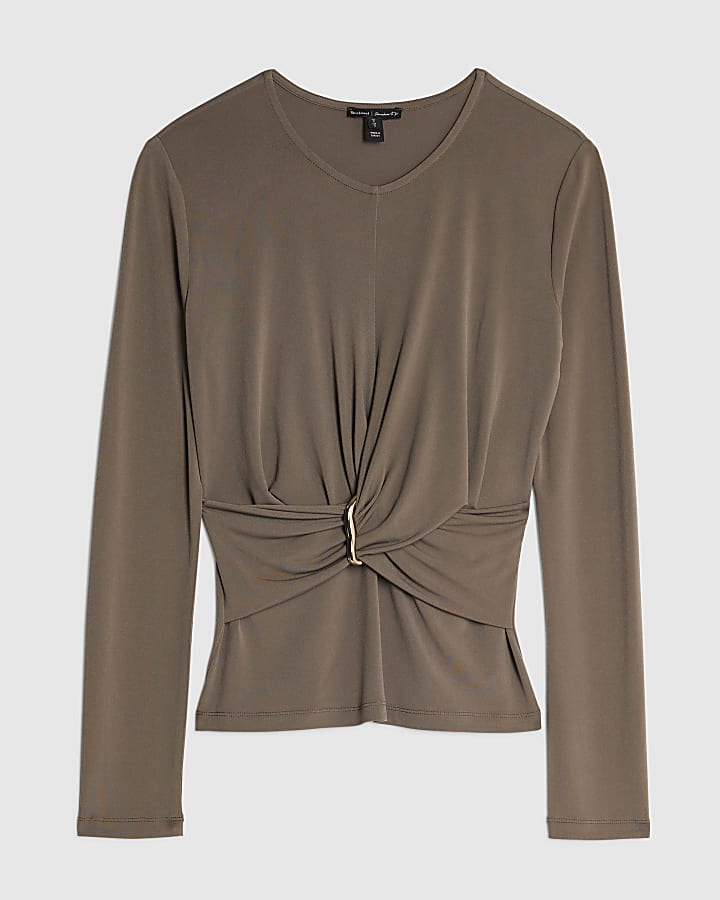 Beige Long Sleeve Wrap Detail Top