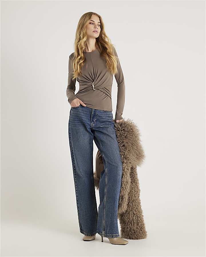 Beige Long Sleeve Wrap Detail Top