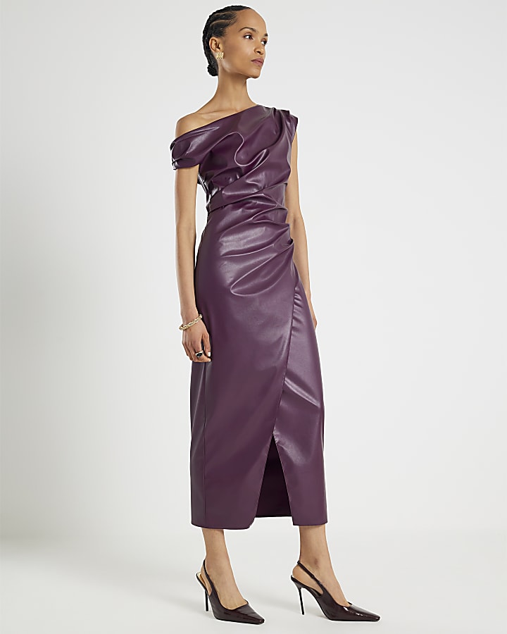 Purple Faux Leather Drape Midi Dress